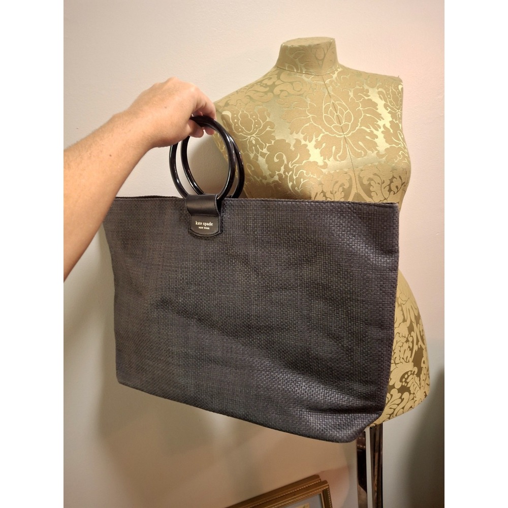 Kate Spade New York Black Raffia Tote Bag Carry All Shopping Bag Ring Handles